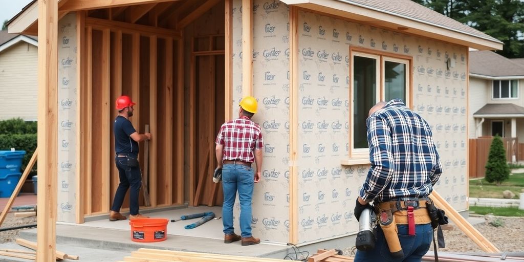 Construction workers building a house in Druid Hills.