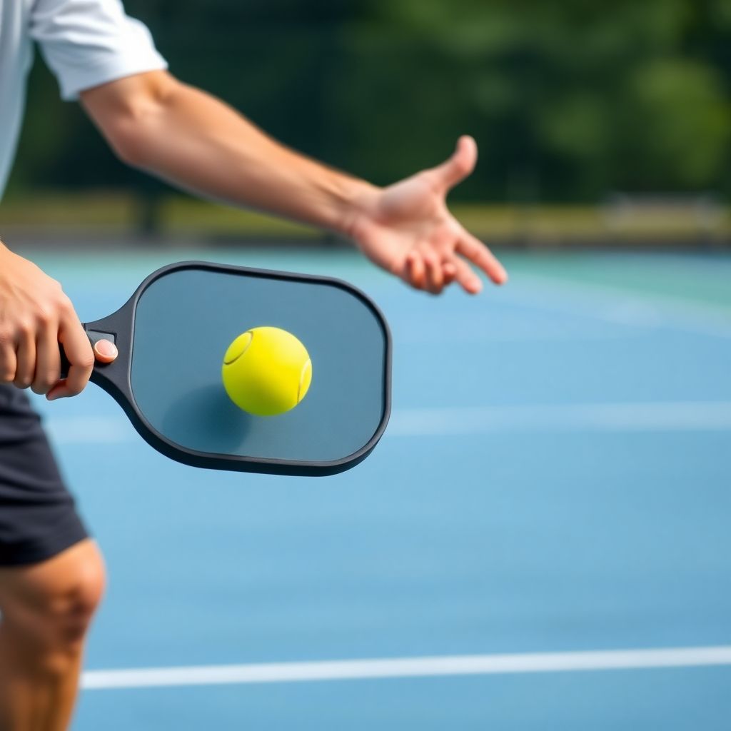 Pickleball player hitting forehand volley on court.