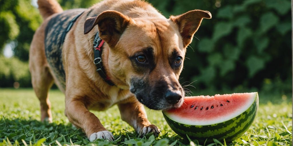 Dog investigating a piece of watermelon rind outside