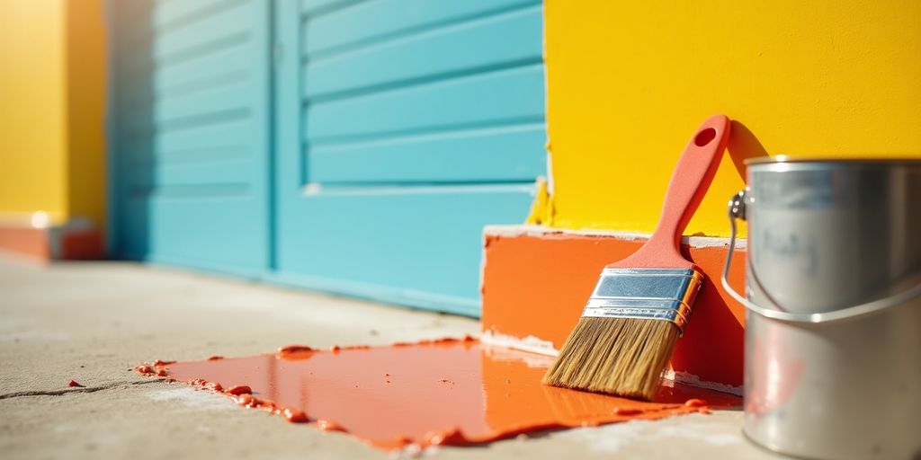 Freshly painted house exterior with colorful walls and brush.