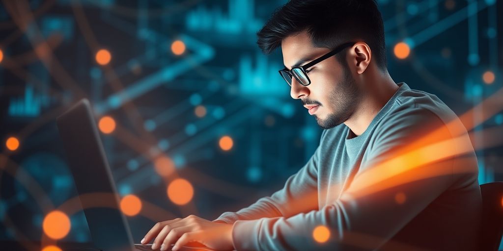 Developer coding on a laptop with glowing lines.