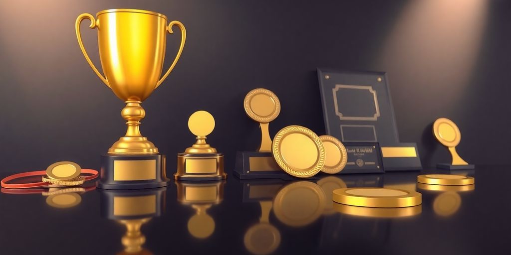 Golden trophy, shining medals, awards.