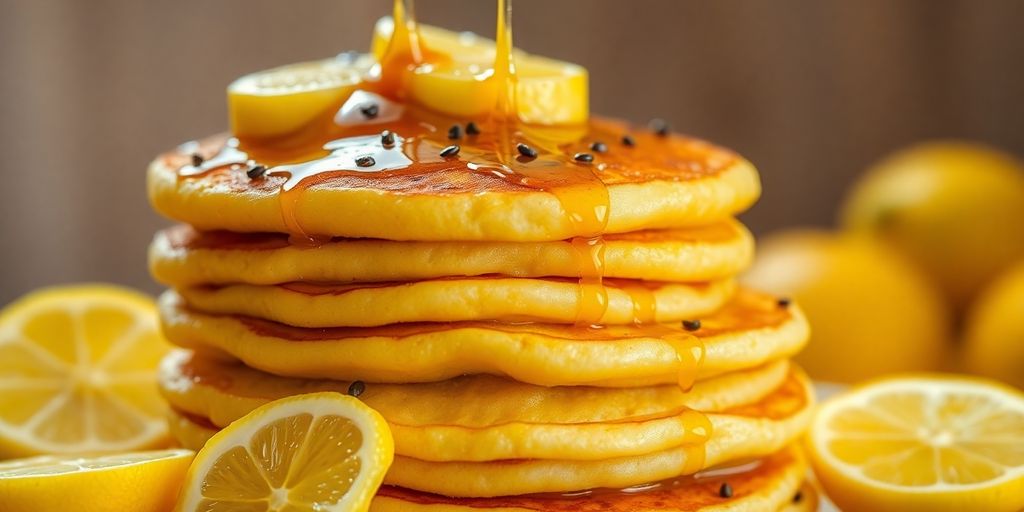 Stack of fluffy lemon poppyseed pancakes, syrup.
