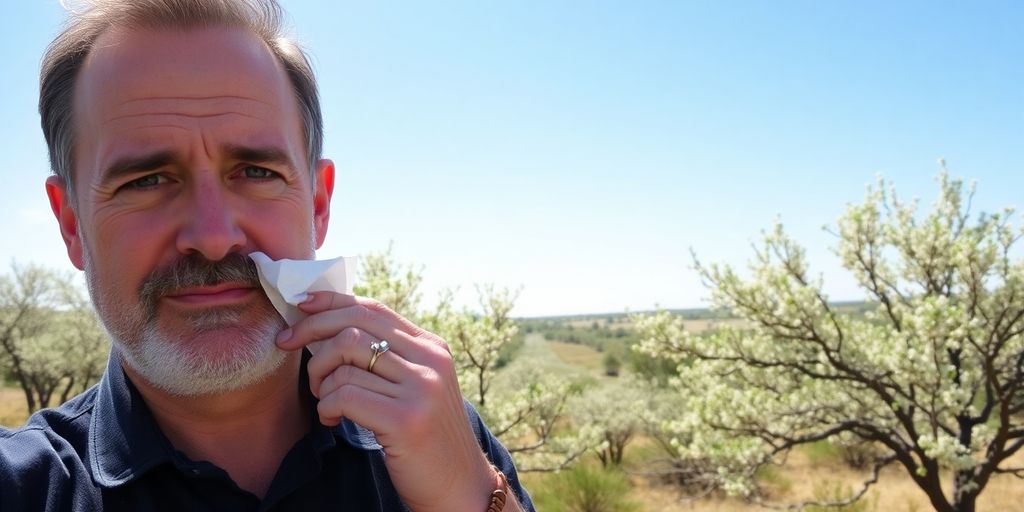 Man sneezing outdoors near cedar trees in bloom.