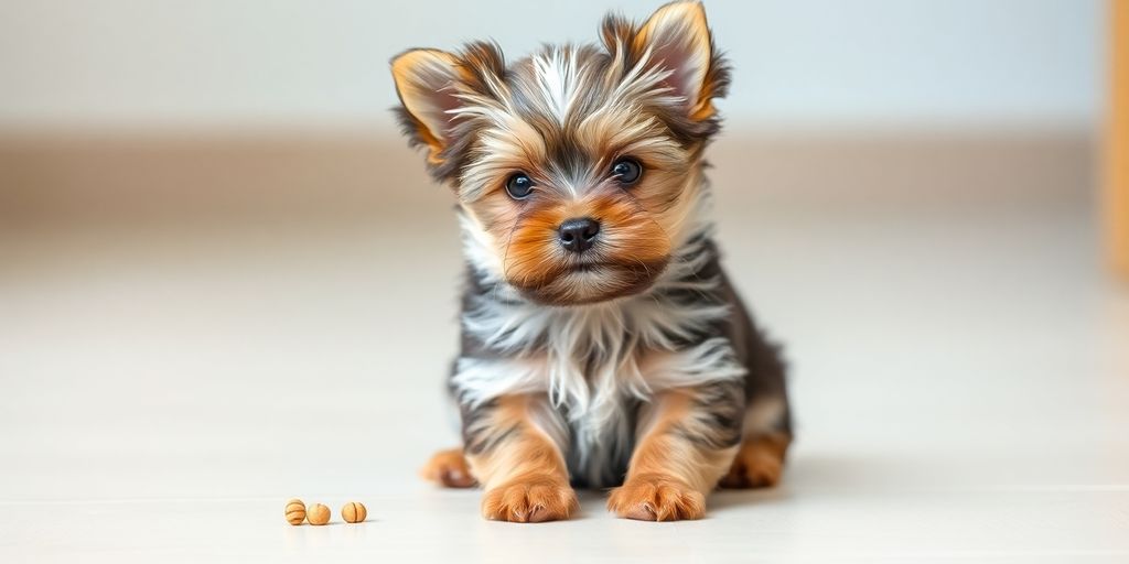 Yorkie puppy sitting happily with training treats.