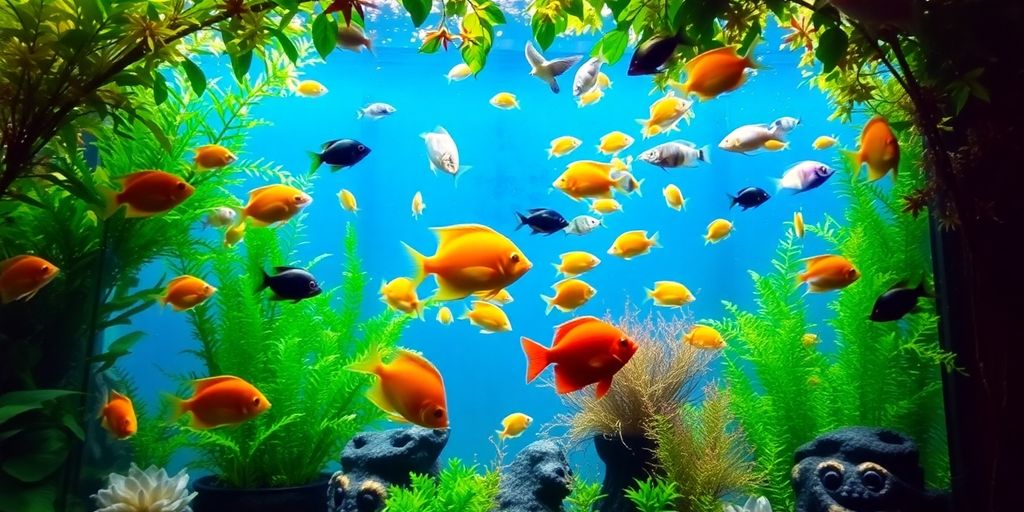 Makukulay na tropikal na isda sa isang masaganang setting ng aquarium.