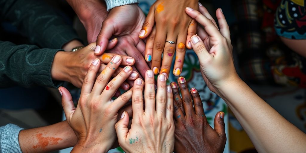 Hands creating art together, fostering connection.