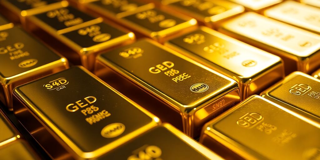 Lingots d'or brillants sous un éclairage vif.