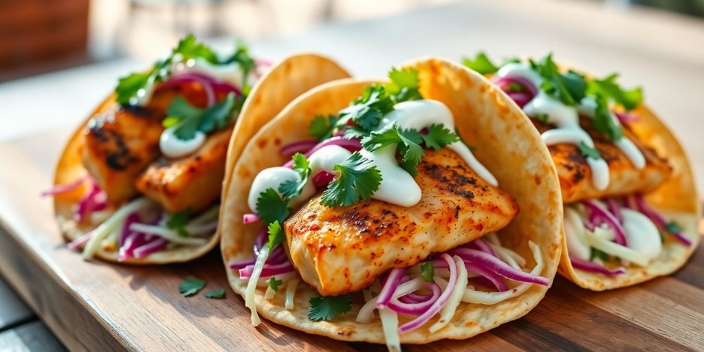 Delicious fish tacos with fresh toppings.