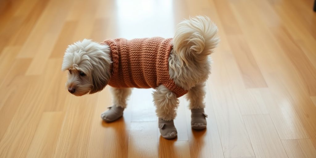 Small dog in stylish sweater and boots.