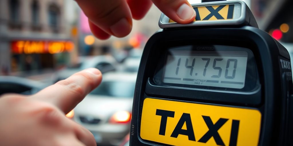 Taxi meter fare with a hand pointing at it.