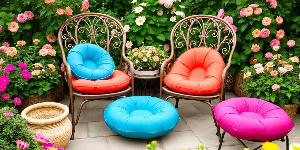 Runde Gartenstuhl Kissen in bunten Farben im Freien.