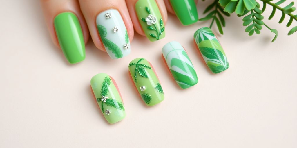 Variety of green nail art designs on stylish nails.
