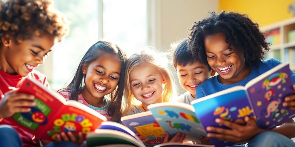 Children reading books together, smiling.