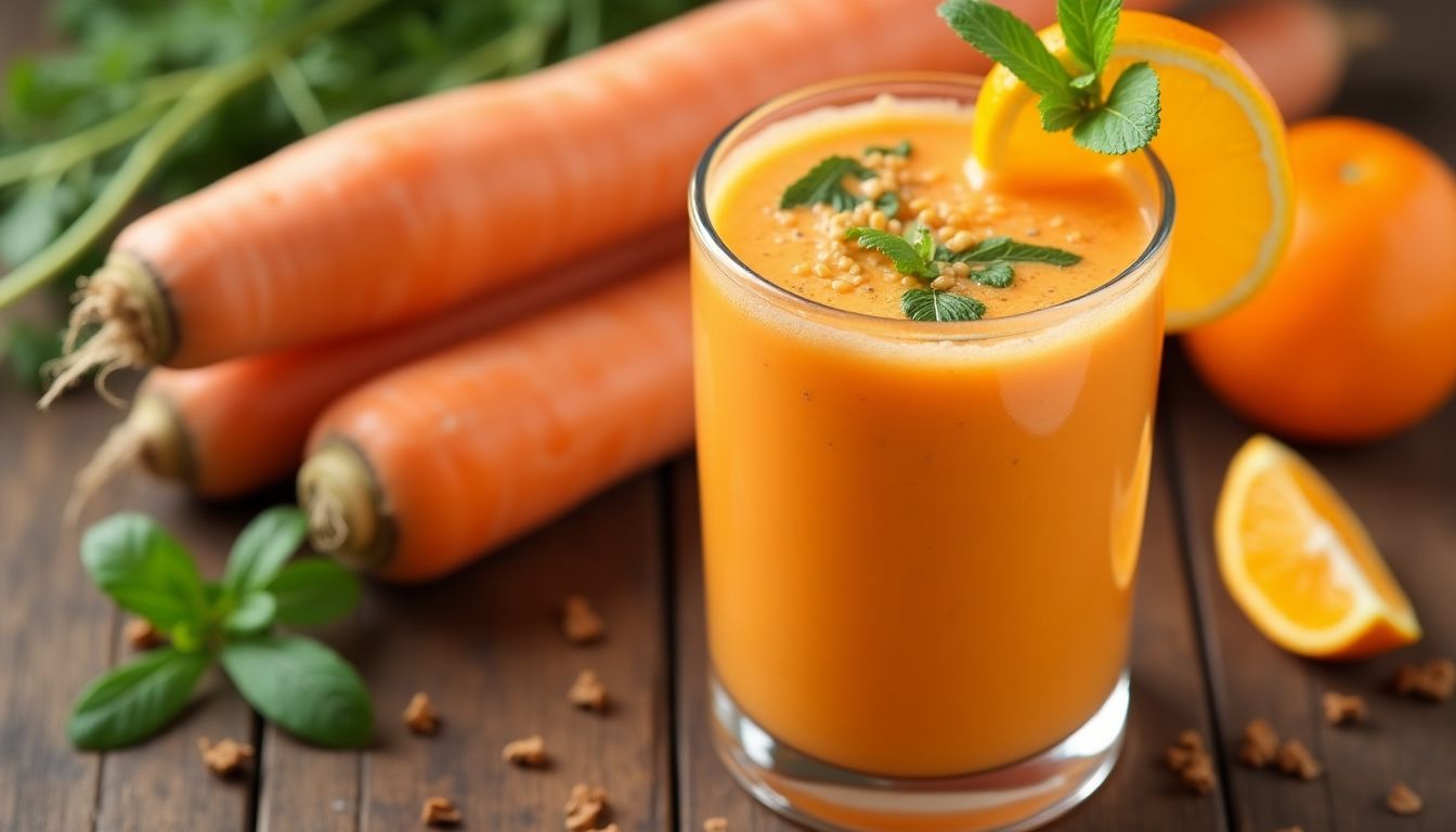 Carrot Orange Smoothie with orange slice and mint garnish.