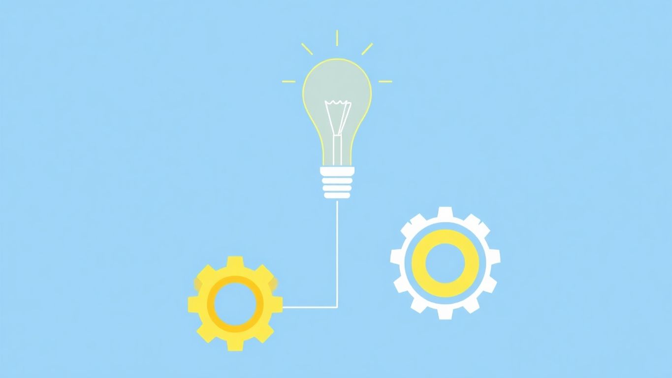 Illustrasjon av lyspære og tannhjul i myke farger.