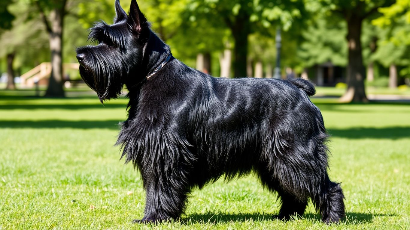 Russian Black Terrier in a green park.
