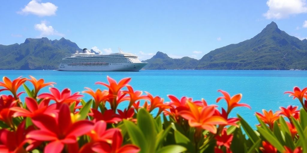 Cruise ship near tropical islands in Tahiti.