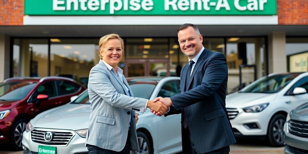 Business professionals shaking hands at Enterprise Rent-A-Car.