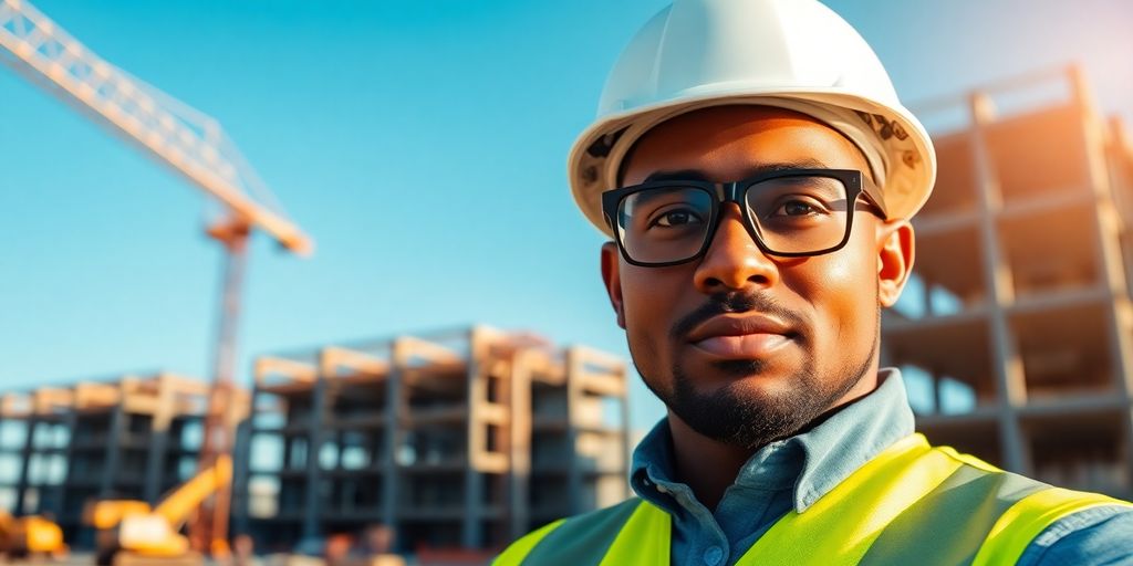 A construction worker in Milton, Ontario, wearing a hard hat.