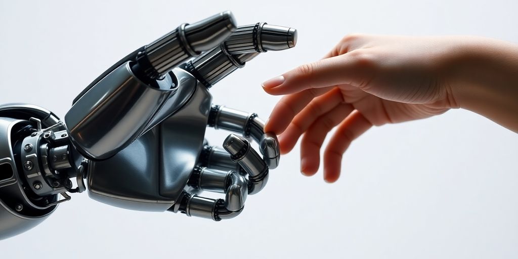 Robot hand and human hand working together.