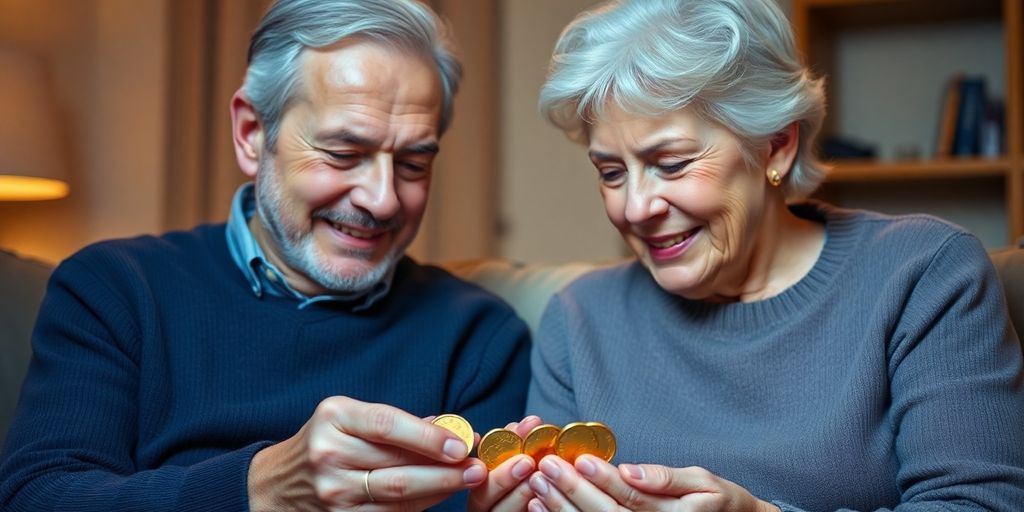 Couple âgé regardant des pièces d'or avec confiance.