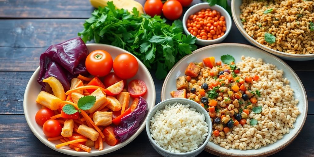 Colorful Mediterranean meal kit with fresh ingredients.