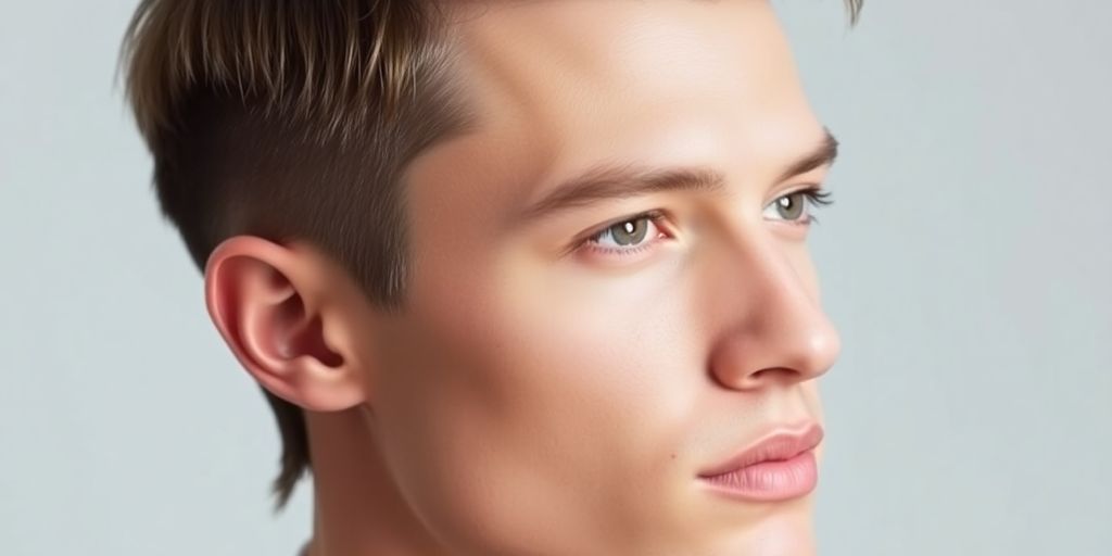 Man with mini mullet, sophisticated, soft lighting.