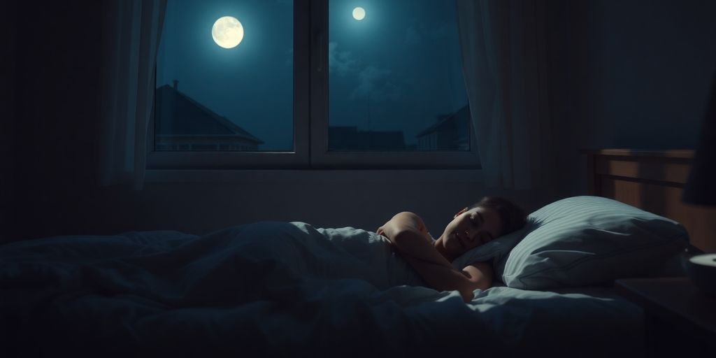 Person peacefully sleeping soundly in a dimly lit room.