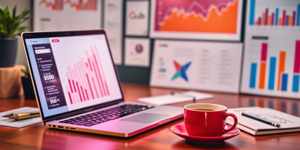 Espaço de trabalho de marketing digital com laptop e café.