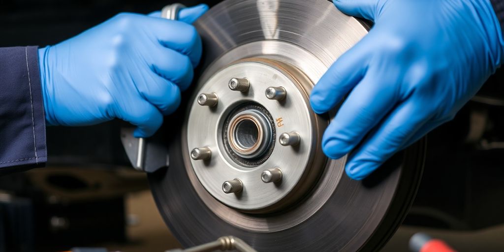 Mechanic inspecting car brakes.