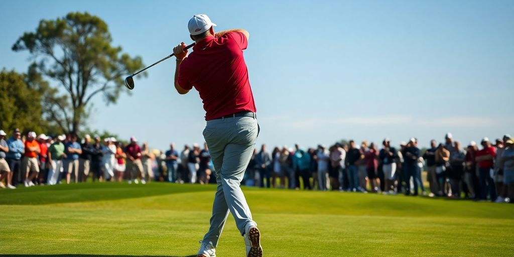 Professional golfer swinging on a vibrant golf course.