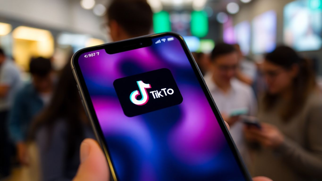 Smartphone with TikTok interface and blurred social background.