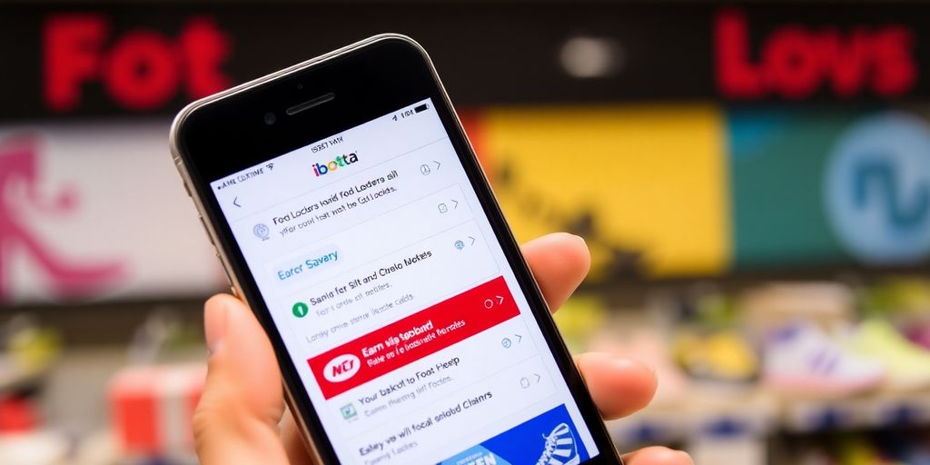Smartphone with Ibotta app near Foot Locker store.