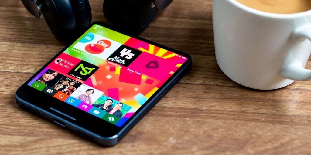 Smartphone with music apps and colorful album covers.