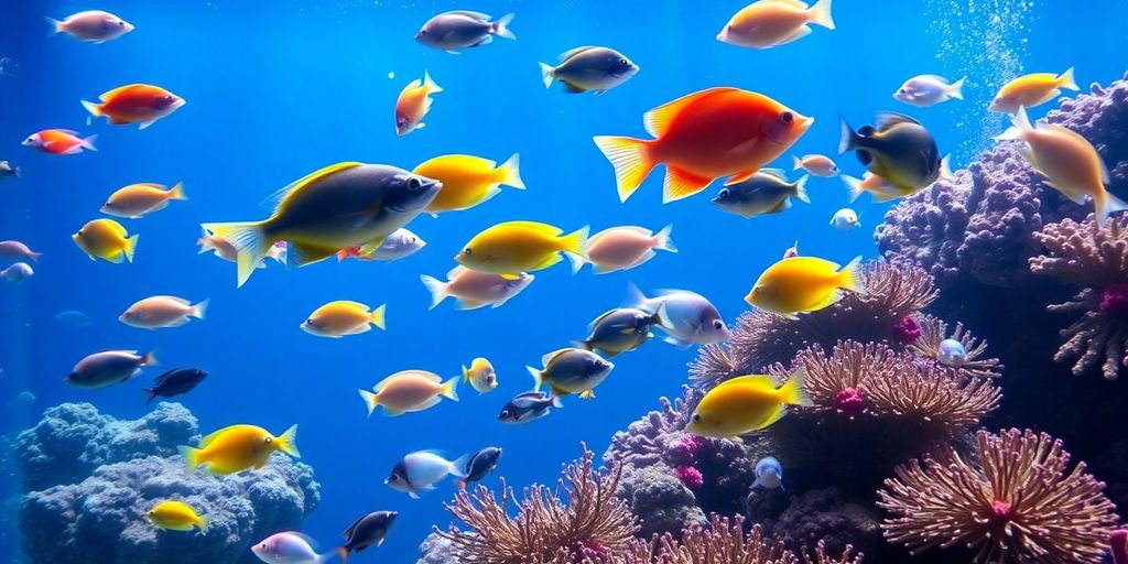 Peces de agua salada coloridos nadando en un acuario vibrante.