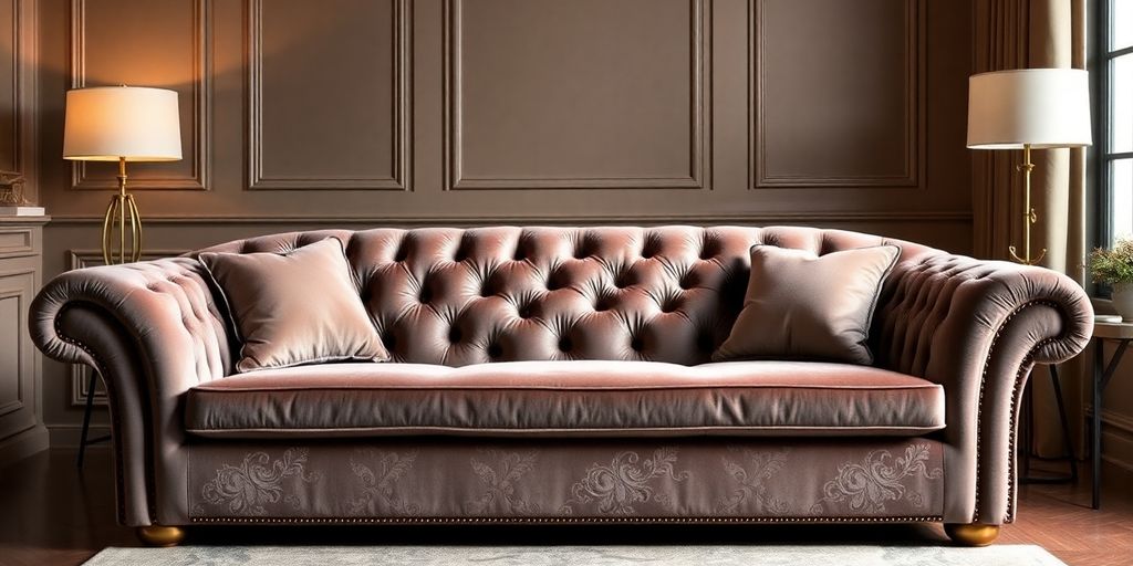 Elegant velvet sofa in a stylish living room setting.