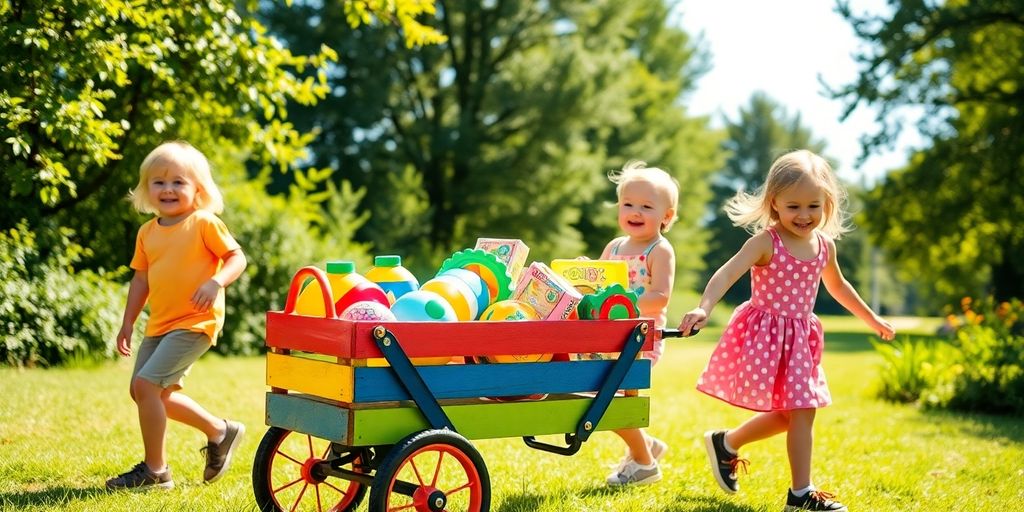 Bollerwagen mit Kindern im Freien, fröhliche Ausflugsatmosphäre.