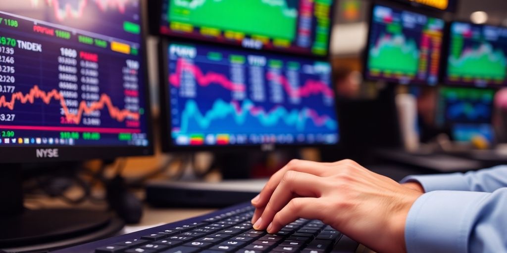 Trader's hands working on options trading at a computer.