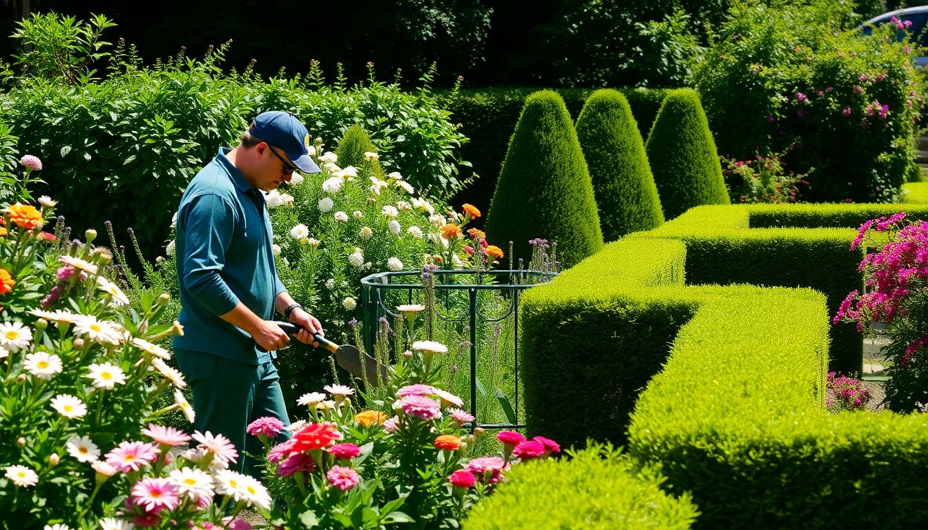 Gardener working in a lush London garden.