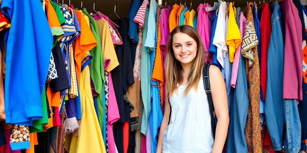 Teenager selling colorful old clothing on a rack.