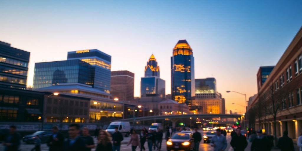 Indianapolis skyline with people walking