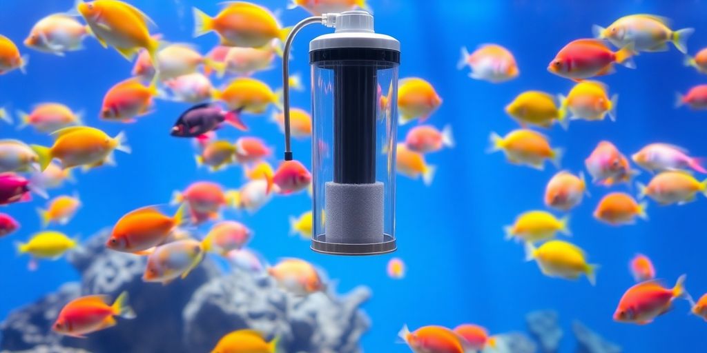 Colorful fish in an aquarium with a protein skimmer.