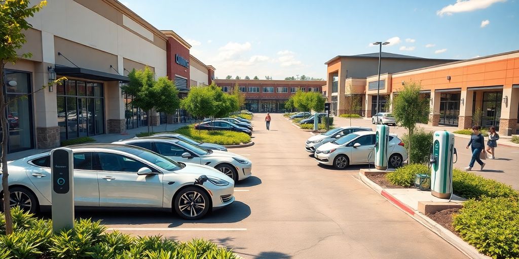 Shopping center with numerous electric vehicle charging stations.