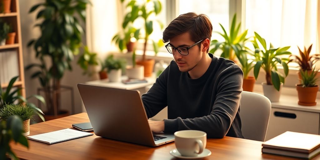 Person working on a laptop in a cozy home office.