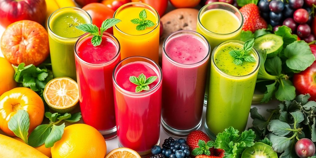 Copos de sucos coloridos com frutas frescas ao redor.
