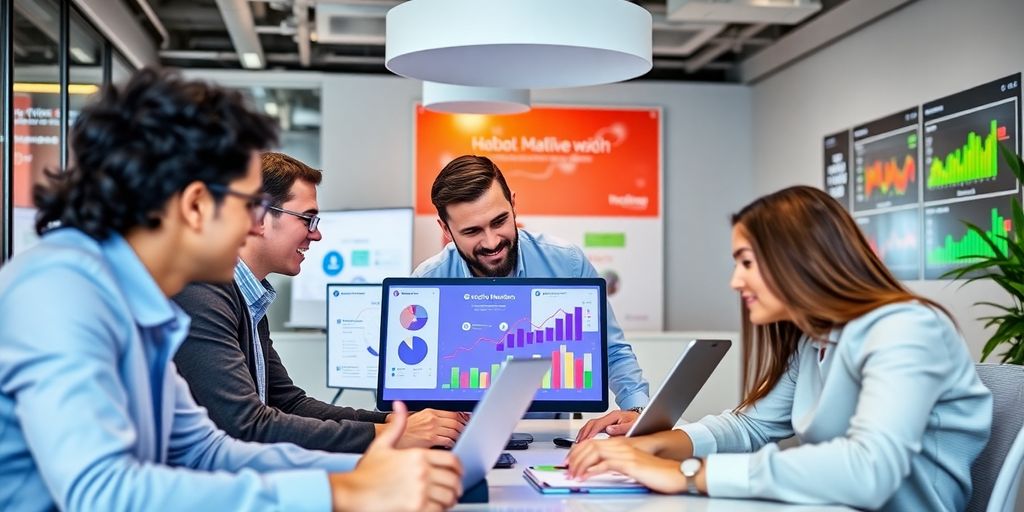 Profissionais de marketing digital em ambiente moderno e colaborativo.