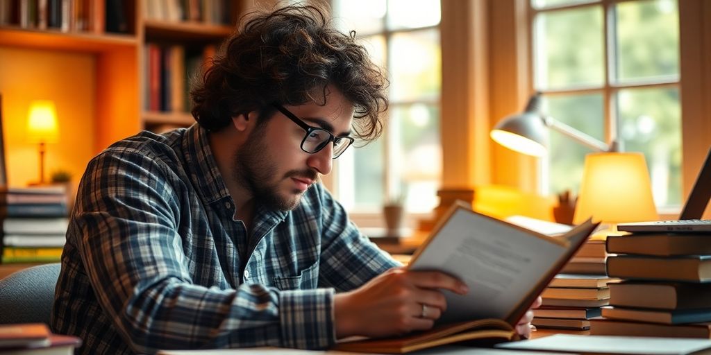 Person editing a manuscript in a cozy workspace.