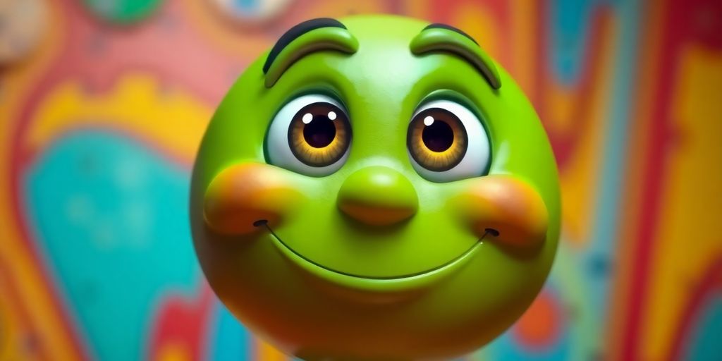 Friendly green cartoon face with big eyes and smile.