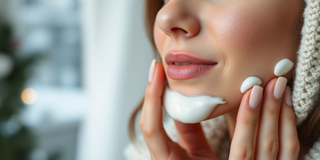 Woman applying moisturizer to dry winter skin.